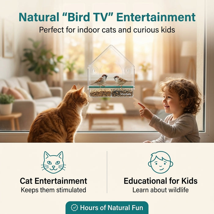 Child and cat watching birds in camera feeder