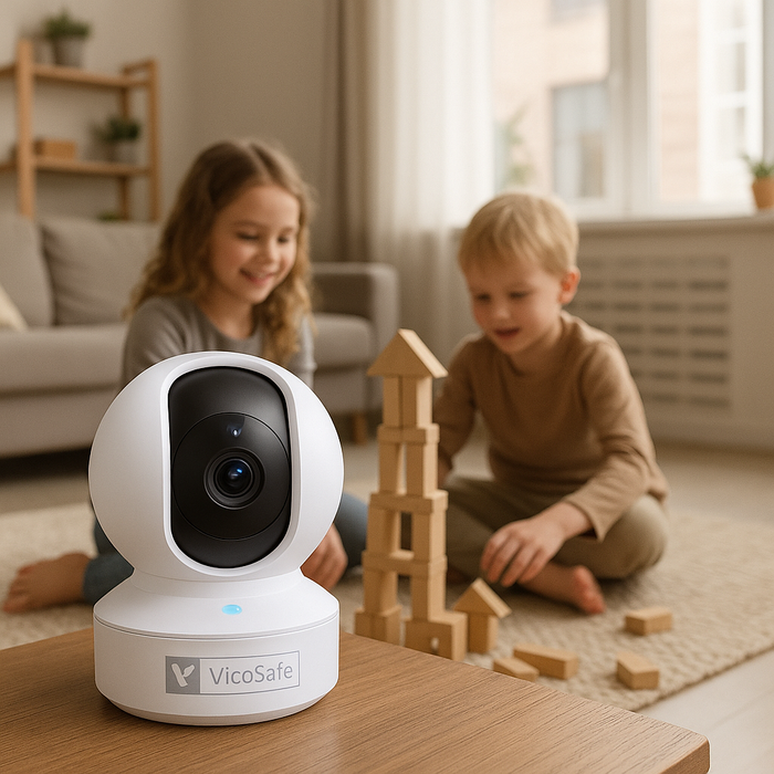 VicoSafe camera on a table with children playing in the background
