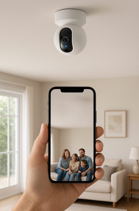 Smart home security camera mounted on a ceiling with a phone displaying a family video call.
