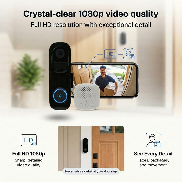 Smart doorbell with video display showing a person delivering packages, emphasizing crystal-clear 1080p video quality.
