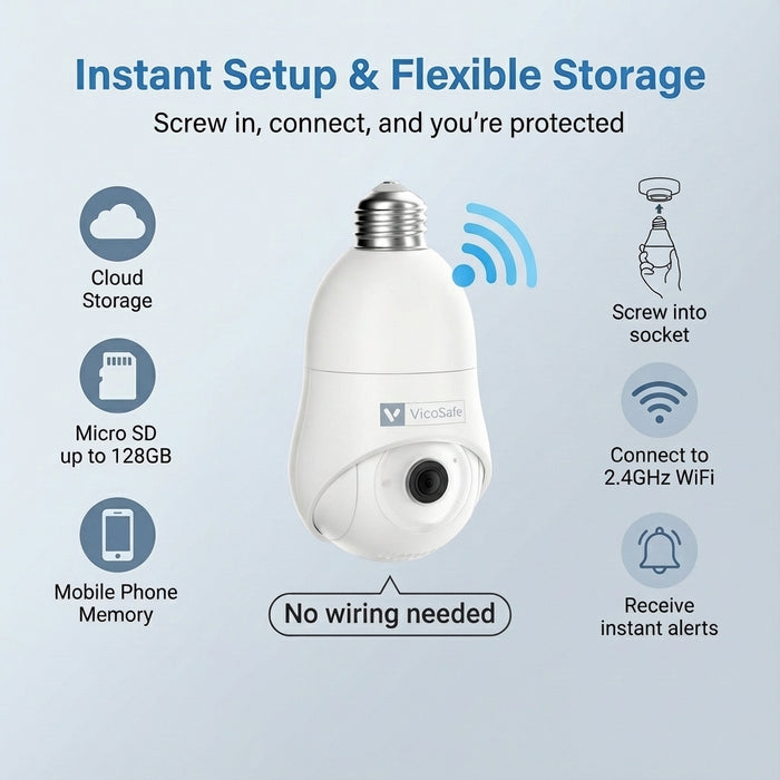 Bulb security camera with instant setup & flexible storage