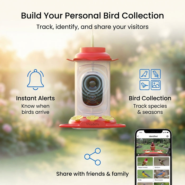 Bird feeder with smartphone app interface on a blurred garden background
