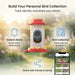 Bird feeder with smartphone app interface on a blurred garden background
