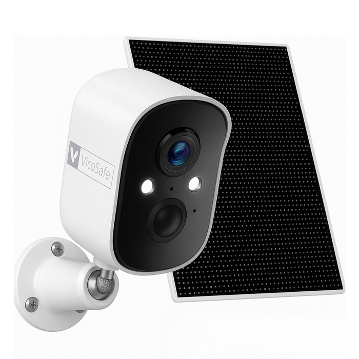 White security camera with solar panel on a white background